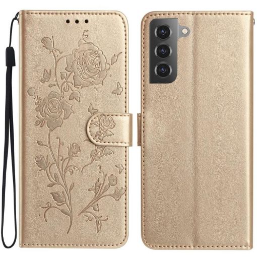 Samsung Galaxy S22 5G Gold Rose Flower Embossed Leather Phone Case - 1