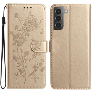 Samsung Galaxy S22+ 5G Gold Rose Flower Embossed Leather Case - 1