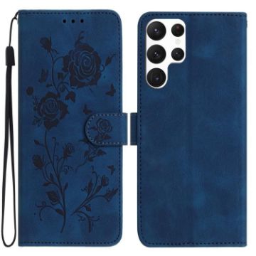 Samsung Galaxy S22 Ultra 5G Dark Blue Rose Embossed Leather Case - 1