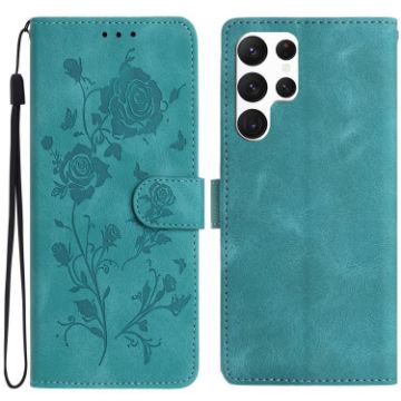 Samsung Galaxy S22 Ultra 5G Green Rose Embossed Leather Phone Case - 1