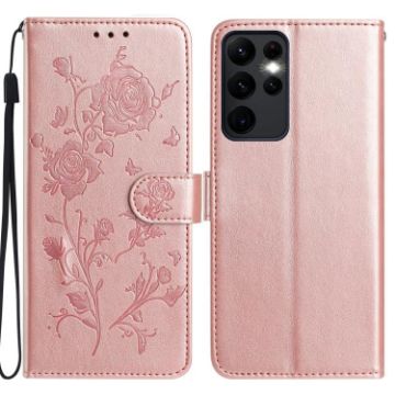 Samsung Galaxy S23 Ultra 5G Rose Gold Flower Embossed Leather Case - 1
