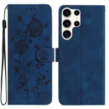 Samsung Galaxy S24 Ultra 5G Dark Blue Rose Embossed Leather Case - 1