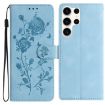 Samsung Galaxy S24 Ultra 5G Leather Case Rose Flower Emboss Sky Blue - 1