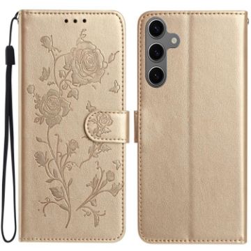 Samsung Galaxy S25 5G Gold Rose Flower Embossed Leather Phone Case - 1