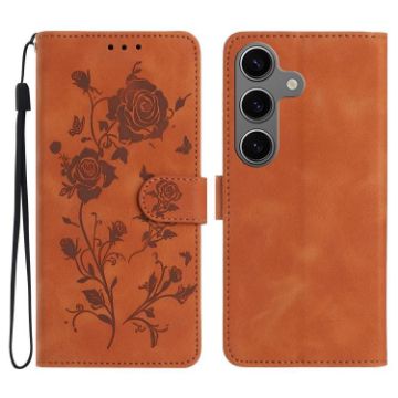 Samsung Galaxy S25 5G Brown Leather Case with Rose Flower Embossing - 1