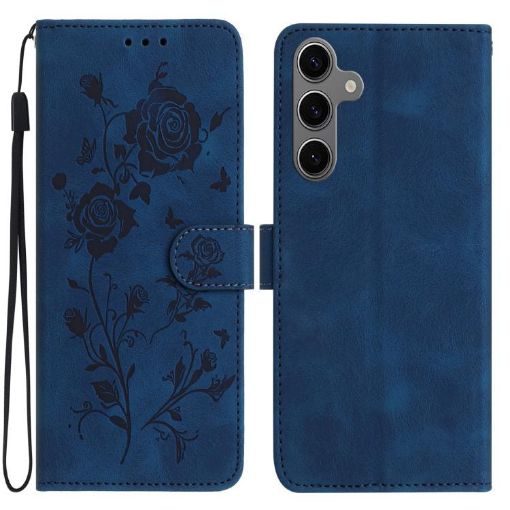 Samsung Galaxy S25+ 5G Dark Blue Rose Embossed Leather Phone Case - 1