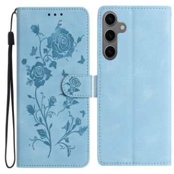 Samsung Galaxy S25+ 5G Sky Blue Rose Embossed Leather Phone Case - 1