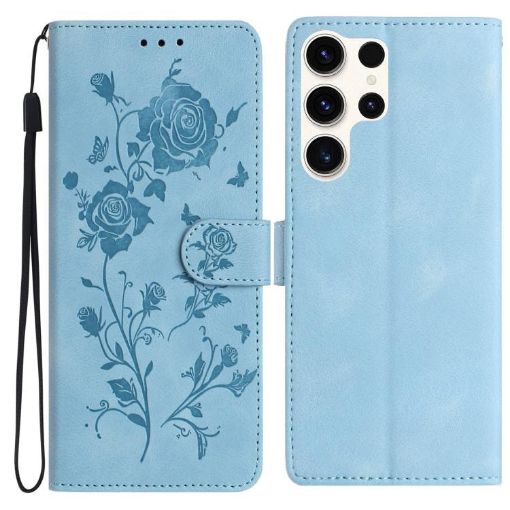 Samsung Galaxy S25 Ultra 5G Leather Case, Rose Embossed, Sky Blue - 1