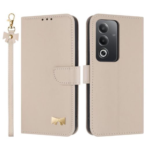 OPPO A5/A3 Global Metal Bow Leather Phone Case with Hand Strap Apricot - 1