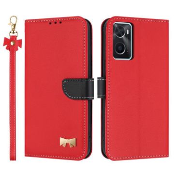 OPPO A36/A76/A96 Red Leather Phone Case with Hand Strap & Metal Bow - 1