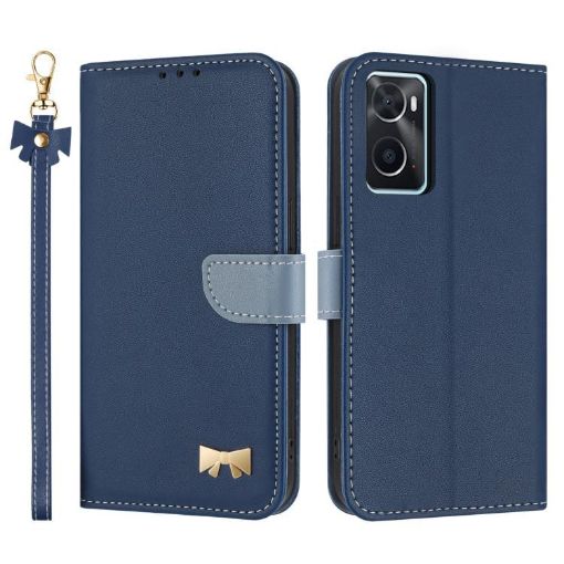 OPPO A36/A76/A96 Dark Blue Leather Phone Case with Hand Strap - 1