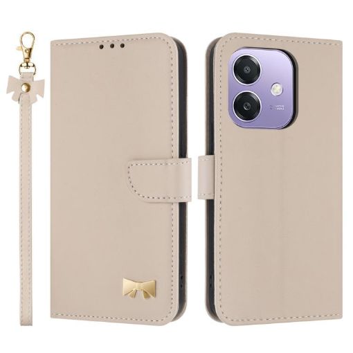 OPPO A40/A60 4G Global Leather Phone Case with Hand Strap - Apricot - 1