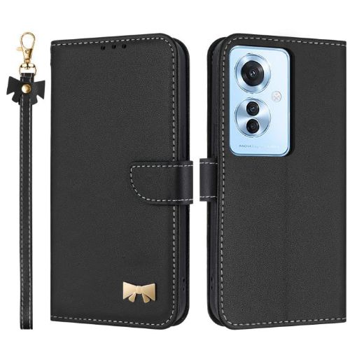 OPPO Reno11 F/F21 Pro India Black Leather Phone Case with Hand Strap - 1