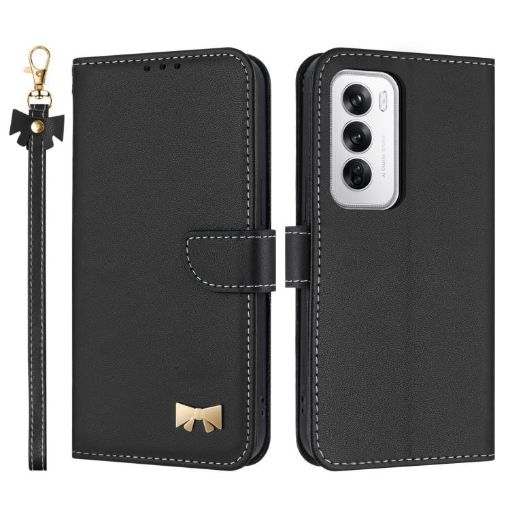 OPPO Reno12 5G Global Leather Phone Case with Hand Strap - Black - 1