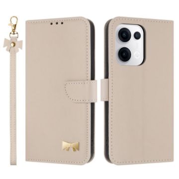 OPPO Reno13 5G Apricot Leather Phone Case with Metal Bow & Hand Strap - 1