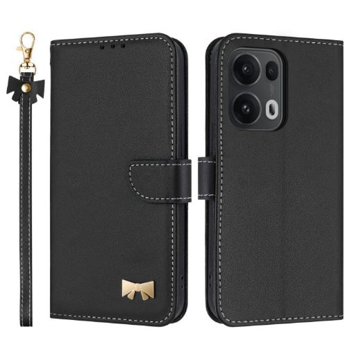 OPPO Reno13 Pro 5G Black Leather Phone Case with Hand Strap - 1