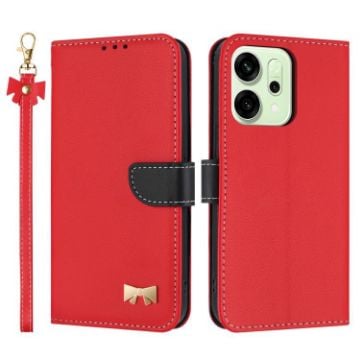 OPPO Reno14 5G Red Leather Phone Case with Metal Bow & Hand Strap - 1