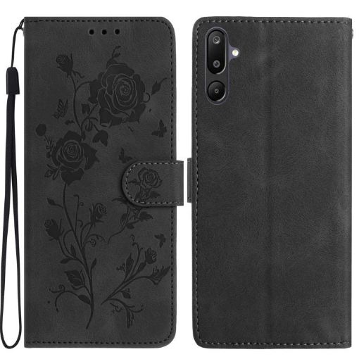 Samsung Galaxy F16 Black Leather Case with Rose Flower Embossing Pattern - 1