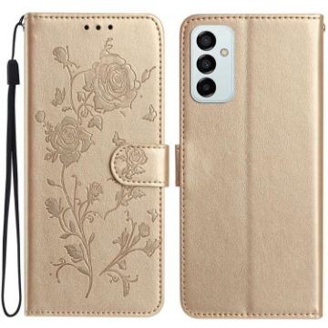Samsung Galaxy M23 Gold Leather Case with Rose Flower Embossing Pattern - 1