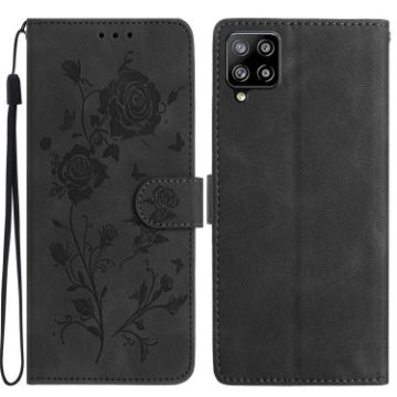 Samsung Galaxy M32 Black Leather Case with Rose Flower Embossing Pattern - 1