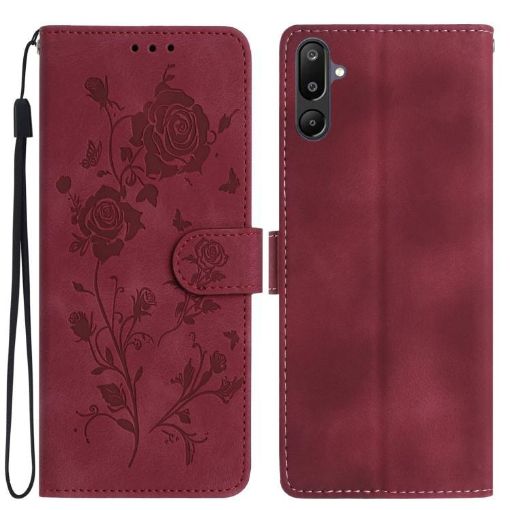 Samsung Galaxy F06 Red Leather Case - Rose Flower Embossing Pattern - 1