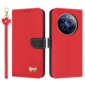 Realme 12 Pro 5G/P1 Pro Red Metal Bow Leather Case with Hand Strap - 1
