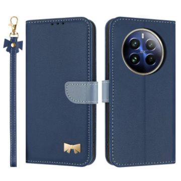 Realme 12 Pro 5G/P1 Pro Dark Blue Metal Bow Leather Case with Hand Strap - 1