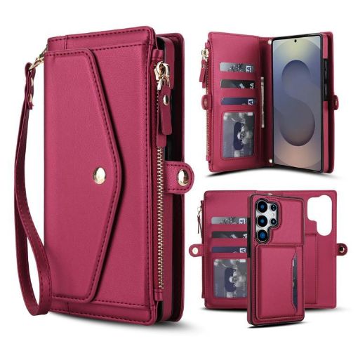 Samsung Galaxy S25 Ultra 5G Red Leather Wallet Phone Case with Lanyard - 1