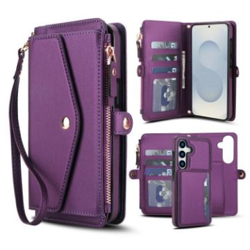 Samsung Galaxy S25 5G Wallet Leather Phone Case with Lanyard, Purple - 1