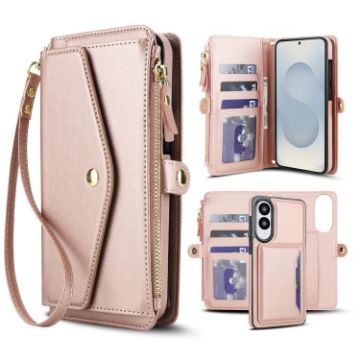 Samsung Galaxy S25 Edge 5G Wallet Leather Phone Case with Lanyard, Rose Gold - 1