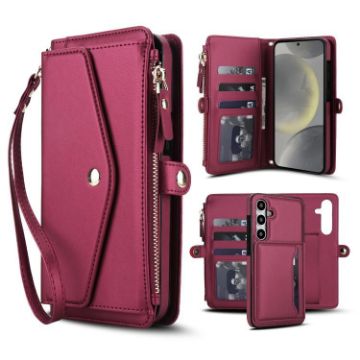 Samsung Galaxy S24+ 5G Red Leather Wallet Phone Case with Lanyard - 1