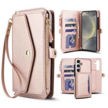 Samsung Galaxy S24 5G Wallet Leather Phone Case with Lanyard - Rose Gold - 1
