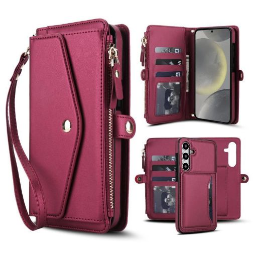 Samsung Galaxy S24 FE 5G Red Wallet Leather Phone Case with Lanyard - 1