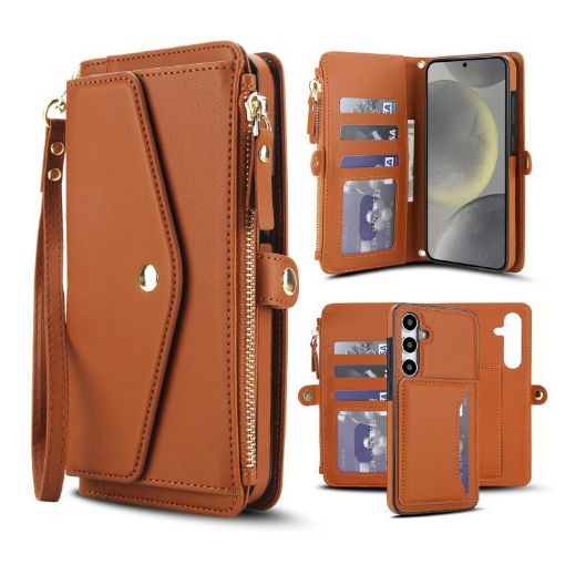 Samsung Galaxy S24 FE 5G Wallet Leather Phone Case with Lanyard Brown - 1