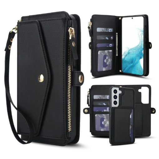 Samsung Galaxy S22 5G Wallet Detachable Leather Case with Lanyard (Black) - 1
