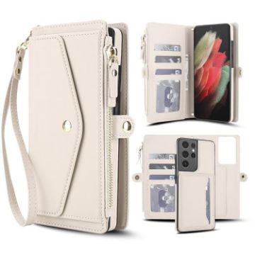 Samsung Galaxy S21 Ultra 5G Wallet Leather Phone Case with Lanyard White - 1