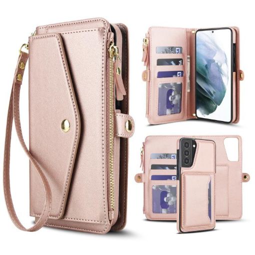 Samsung Galaxy S21+ 5G Wallet Case with Lanyard, Rose Gold Leather - 1