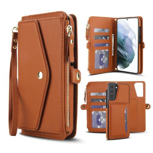 Samsung Galaxy S21+ 5G Wallet Leather Phone Case with Lanyard - Brown - 1