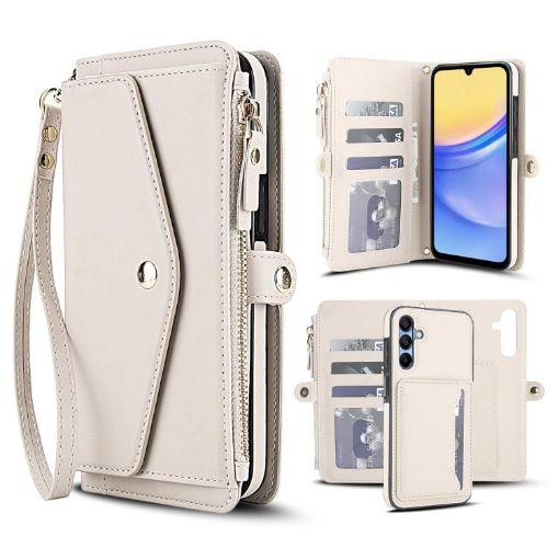 Samsung Galaxy A15 Wallet Case, Detachable Leather with Lanyard, White - 1