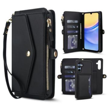 Samsung Galaxy A15 Wallet Case: Detachable Leather with Lanyard (Black) - 1