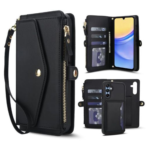 Samsung Galaxy A15 Wallet Case: Detachable Leather with Lanyard (Black) - 1