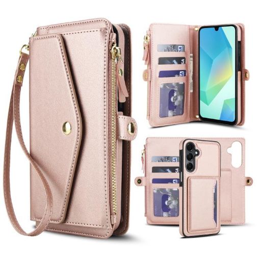 Samsung Galaxy A54 5G Wallet Case with Lanyard, Detachable Leather, Rose Gold - 1