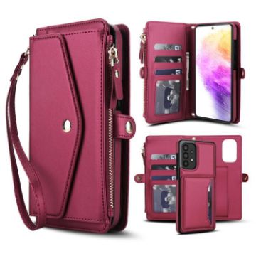 Samsung Galaxy A73 5G Red Leather Wallet Case with Lanyard - 1