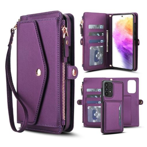Samsung Galaxy A73 5G Wallet Detachable Leather Case with Lanyard, Purple - 1
