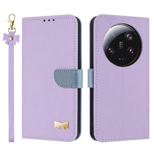 Xiaomi 13 Ultra Purple Metal Bow Leather Phone Case with Hand Strap - 1