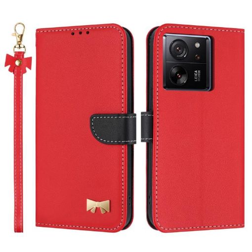 Xiaomi 13T/13T Pro Red Metal Bow Leather Case with Hand Strap - 1