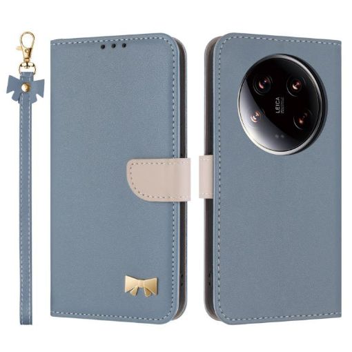 Xiaomi 14 Ultra Light Blue Metal Bow Leather Phone Case with Strap - 1