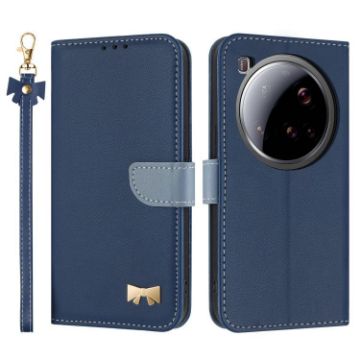 Xiaomi 15 Ultra Dark Blue Metal Bow Leather Case with Hand Strap - 1