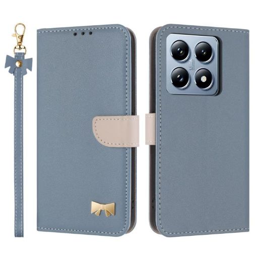 Xiaomi 14T Pro Light Blue Metal Bow Leather Case with Hand Strap - 1