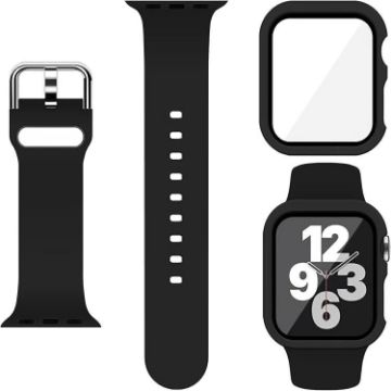 Apple Watch 44mm/45mm Silicone Band & PC Case with Film - Black - 1